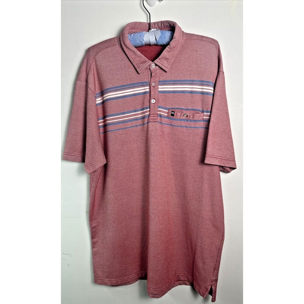 Travis Mathew Mens XL Red Polo Shirt Short Sleeve White Striped Pocket Logo
